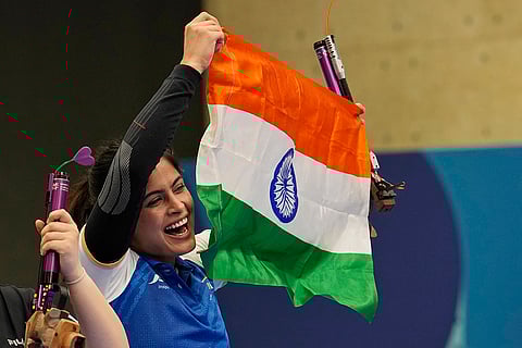 Manu Bhaker celebrates with the Indian flag
